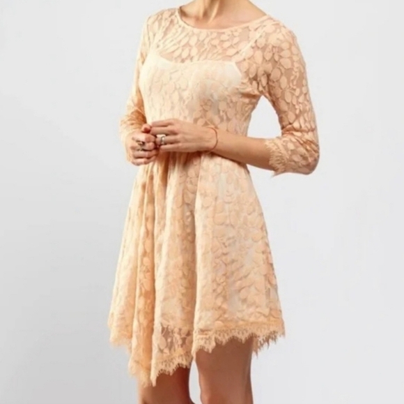 Free People Pink Sand Lace 3/4 Sleeves Dress 6 - Picture 1 of 5